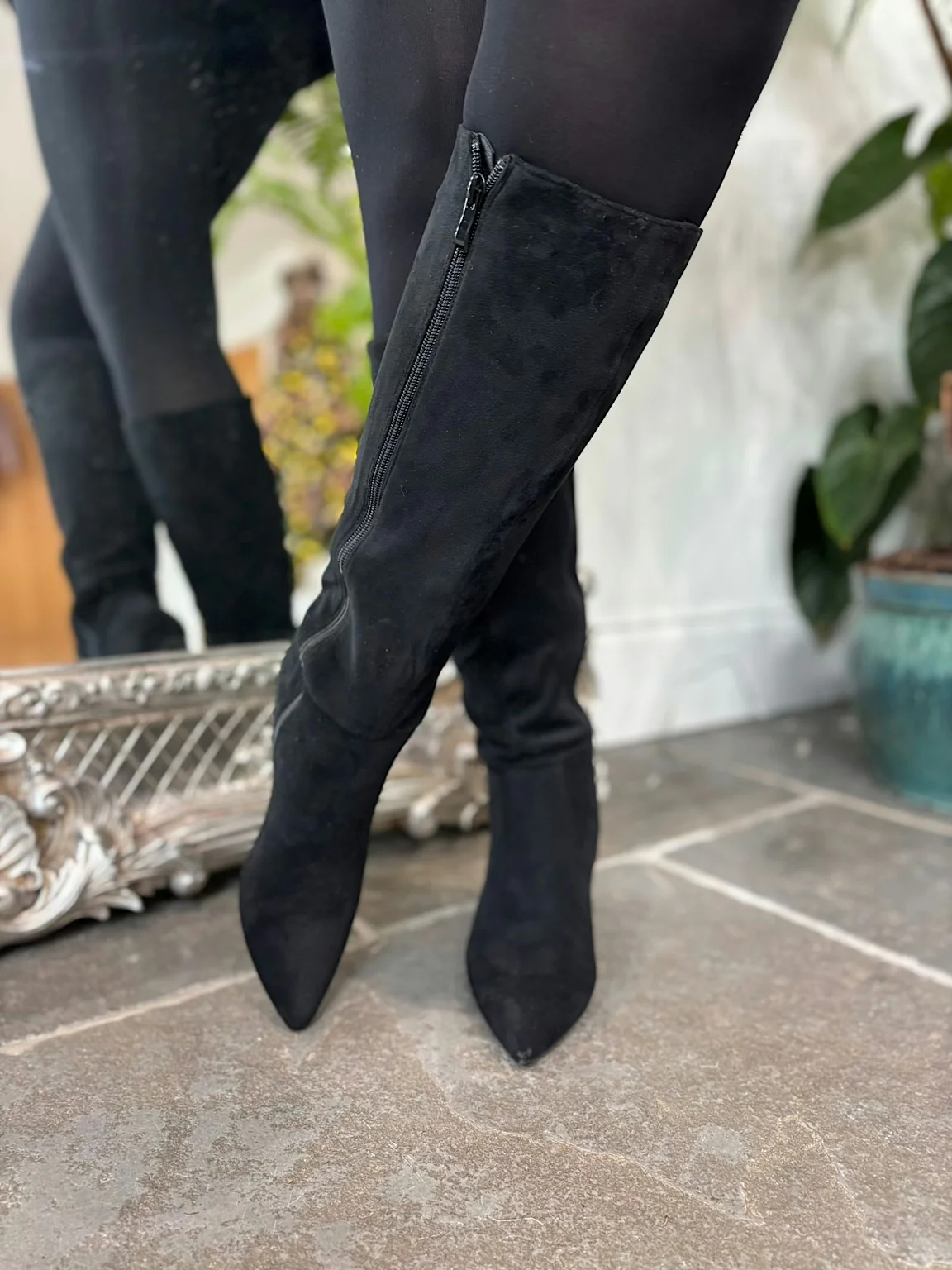 Black Faux Suede Pointed Knee High Boots - Image 3