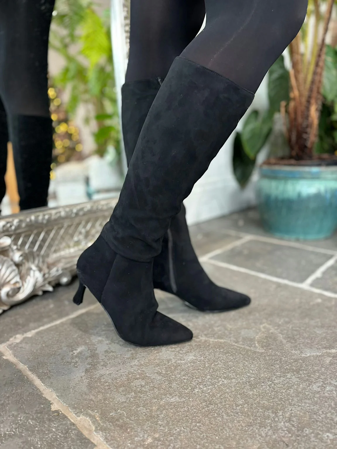 Black Faux Suede Pointed Knee High Boots - Image 5