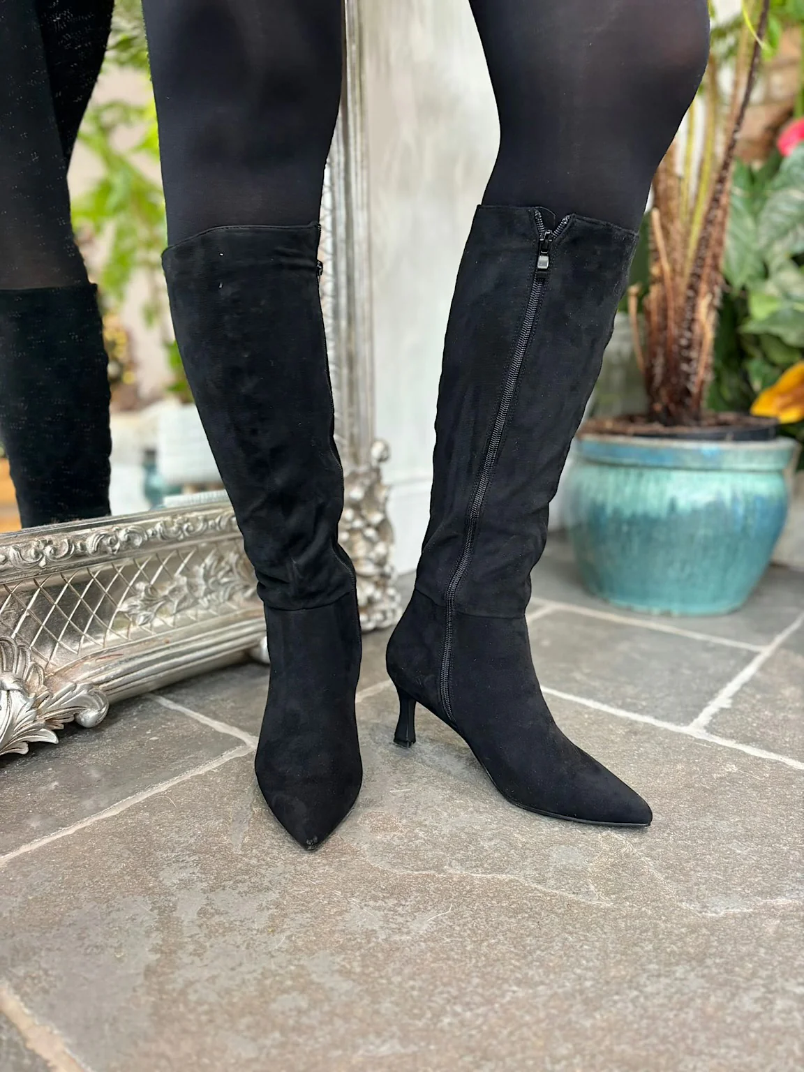 Black Faux Suede Pointed Knee High Boots - Image 6