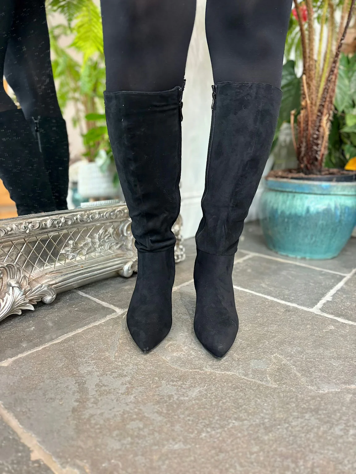 Black Faux Suede Pointed Knee High Boots - Image 7