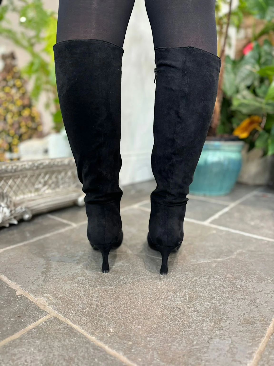 Black Faux Suede Pointed Knee High Boots - Image 8