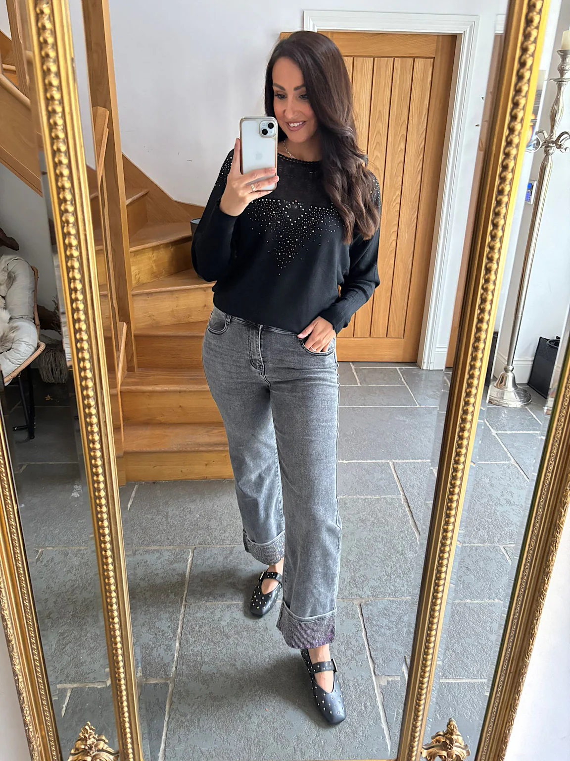 Grey Embellished Turn Up Jeans - Image 3