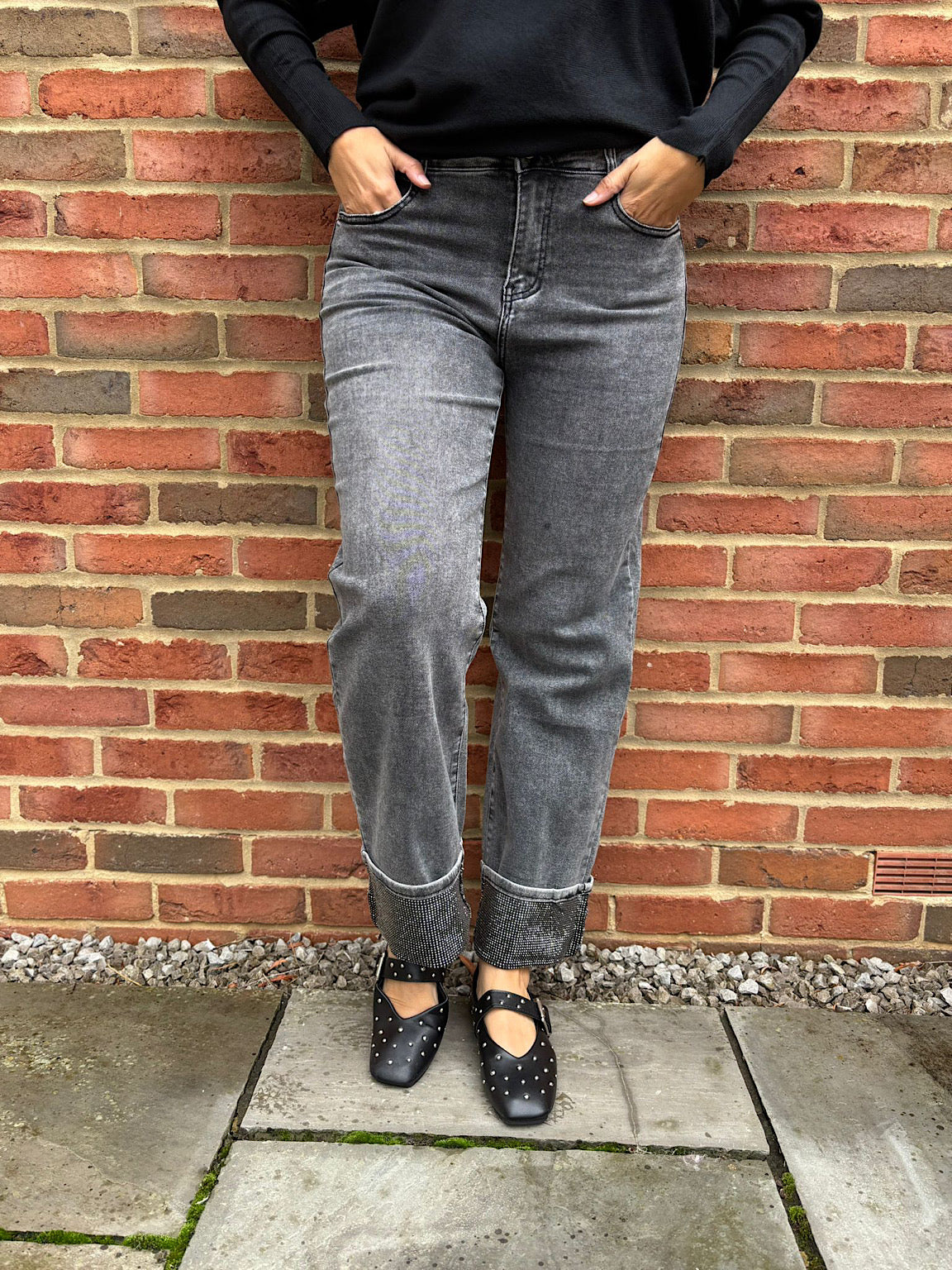 Grey Embellished Turn Up Jeans - Image 6