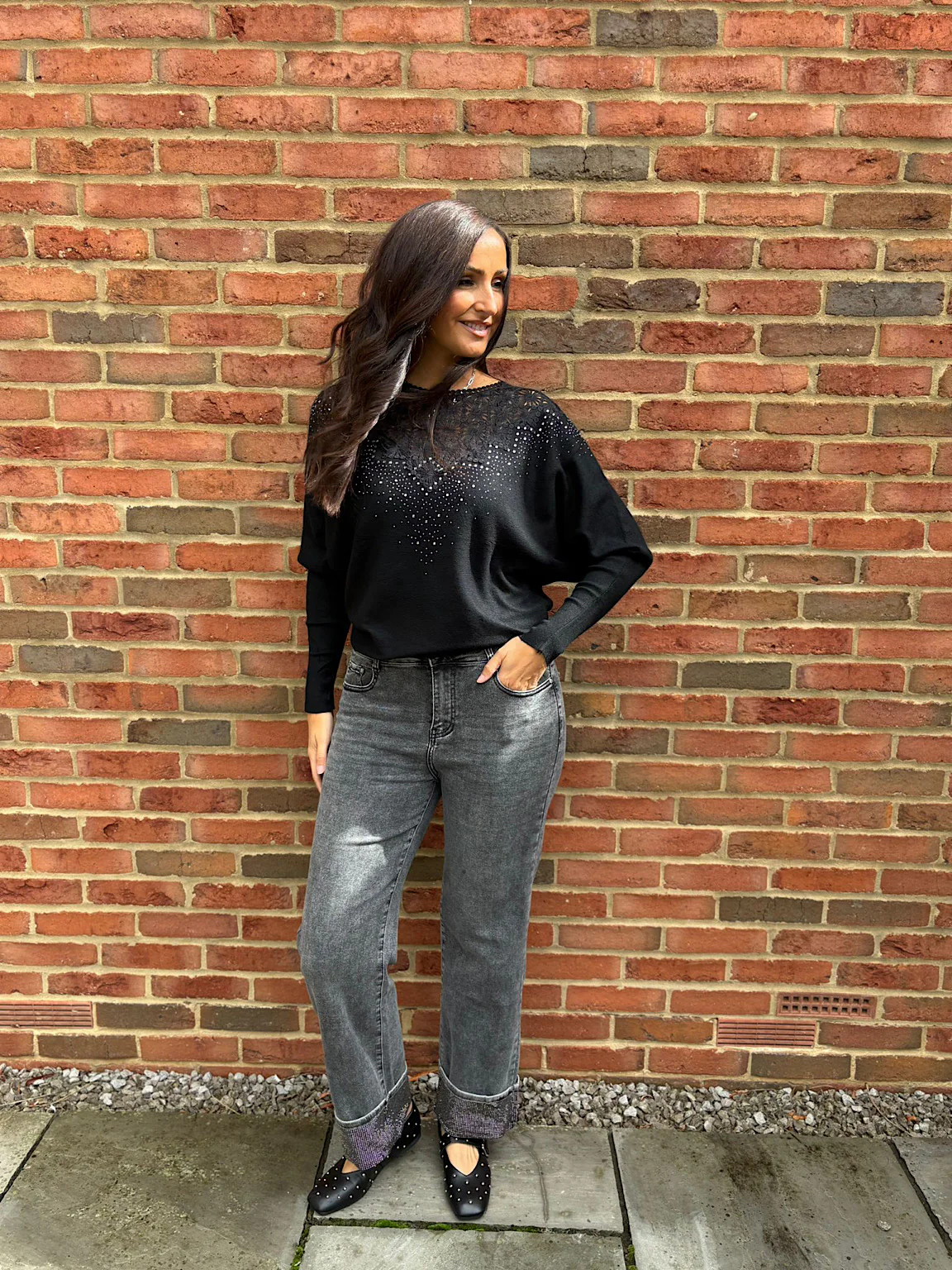 Grey Embellished Turn Up Jeans - Image 7