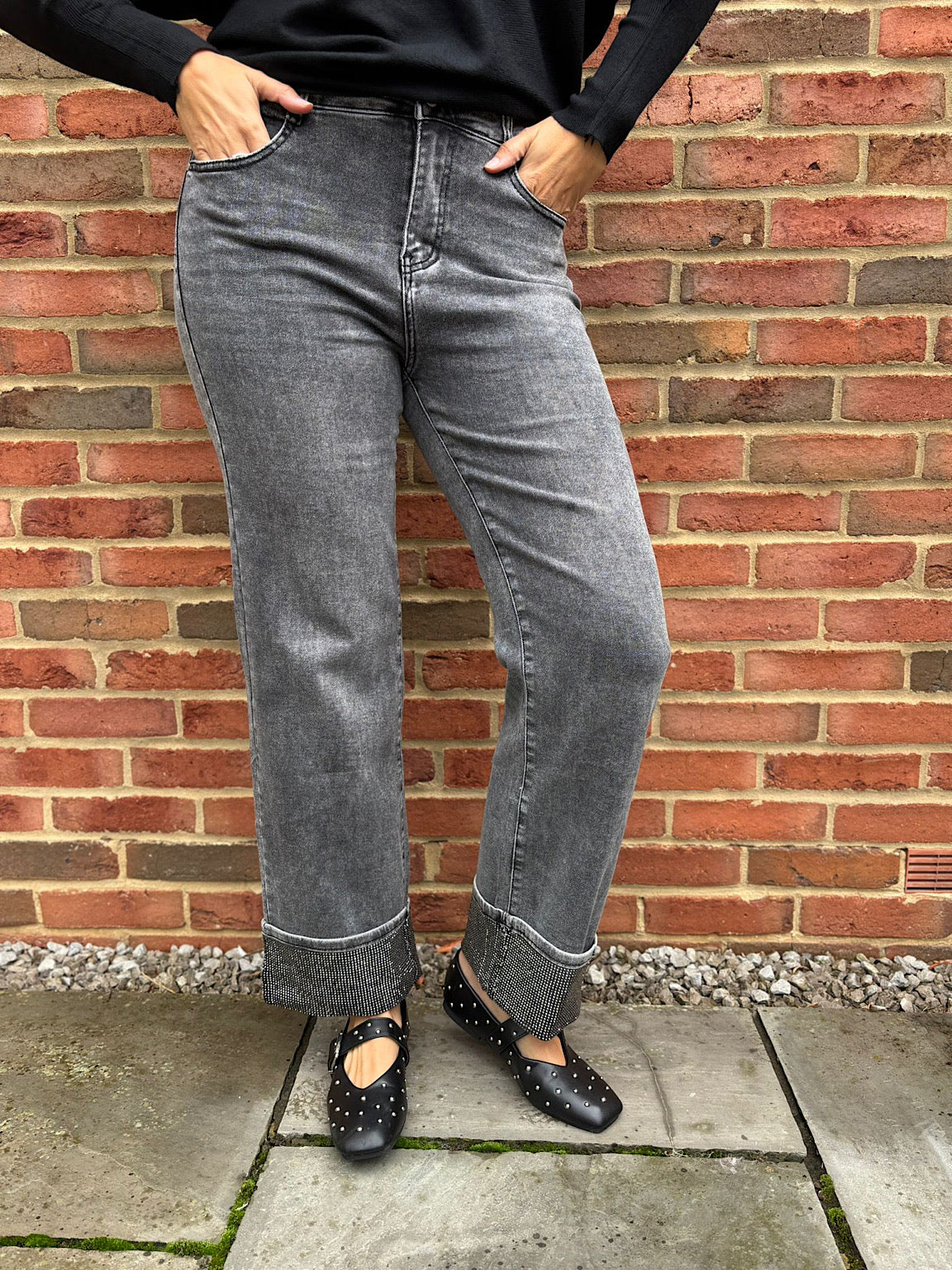 Grey Embellished Turn Up Jeans - Image 8