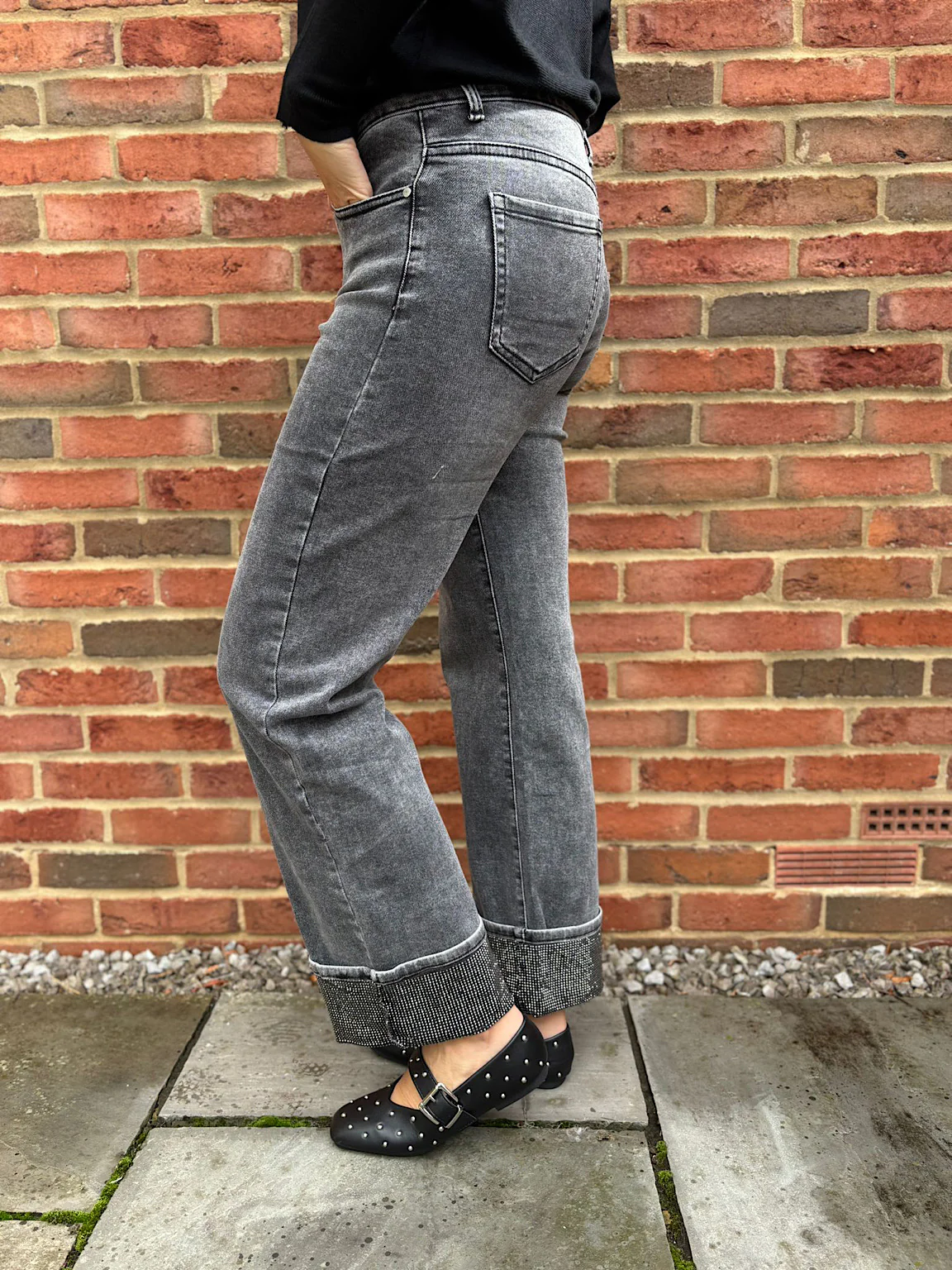 Grey Embellished Turn Up Jeans - Image 9