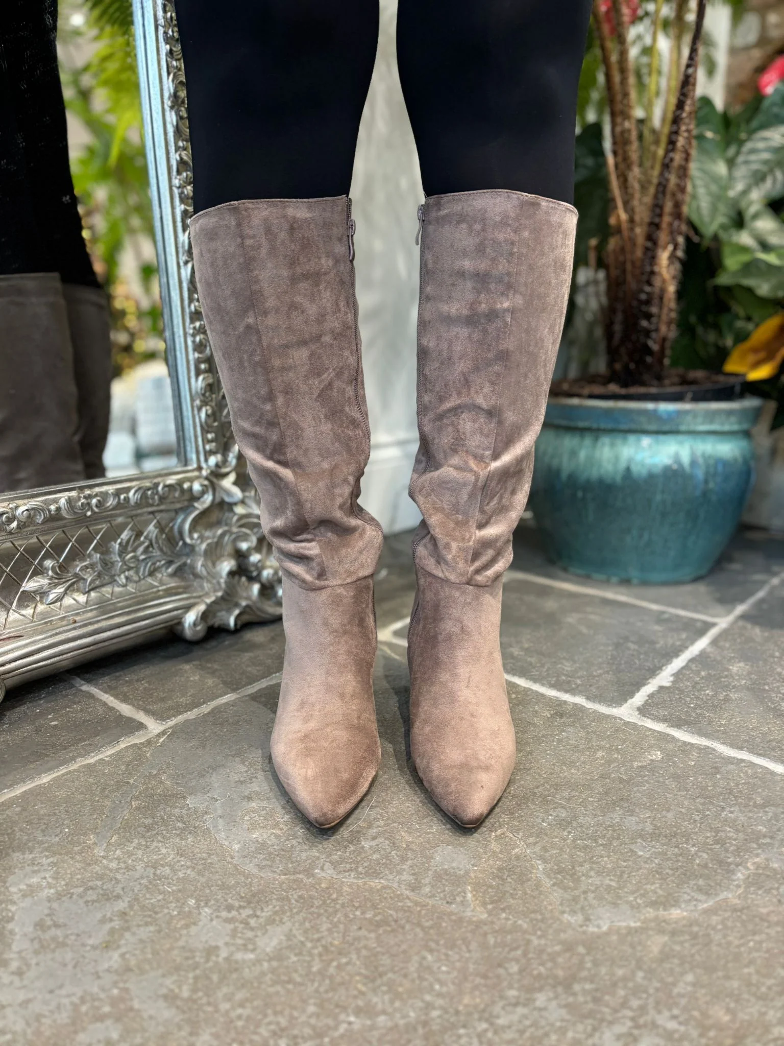 Mocha Faux Suede Pointed Knee High Boots - Image 5