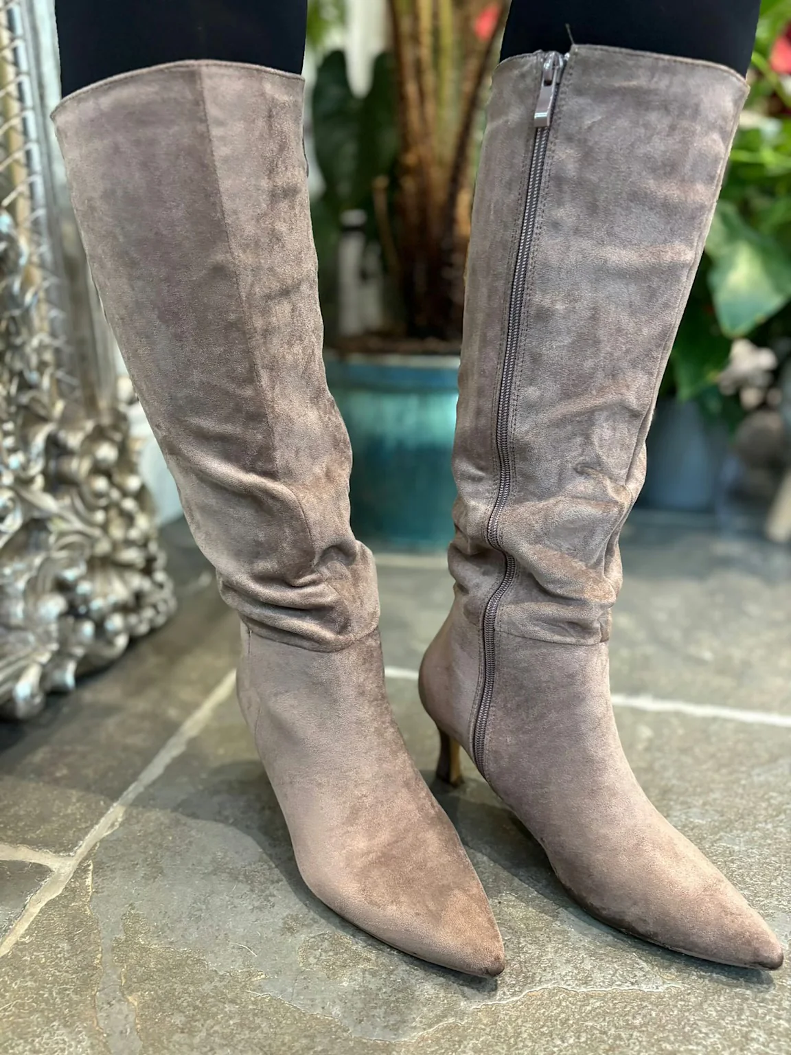 Mocha Faux Suede Pointed Knee High Boots - Image 7