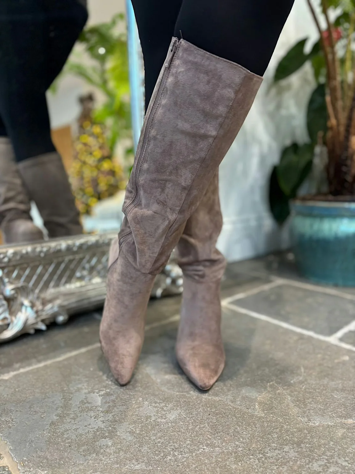 Mocha Faux Suede Pointed Knee High Boots - Image 8
