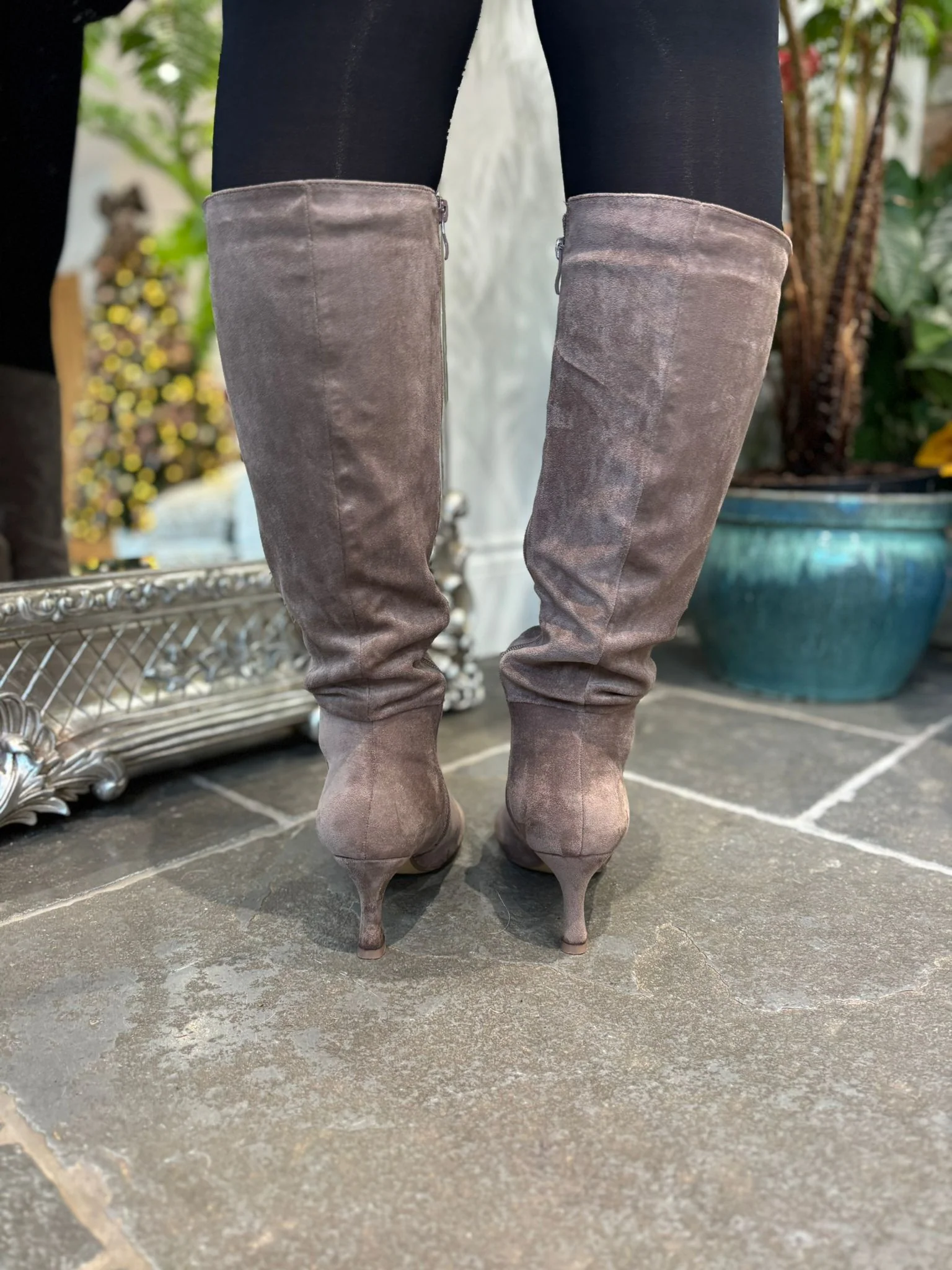 Mocha Faux Suede Pointed Knee High Boots - Image 9